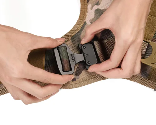 Vista 3 de Arnés táctico para perro con asa, chaleco Molle de entrenamiento militar con hebillas de metal y paneles de bucle, correa elástica para perro