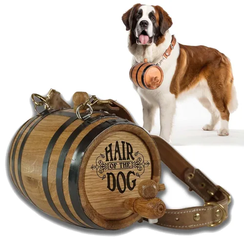 Vista 18 de St Bernard - Collar de barril de whisky para perro, 'M.U.T.T.' - Dispensador de barril de roble de 1/2 litro para perros San Bernardo con correa