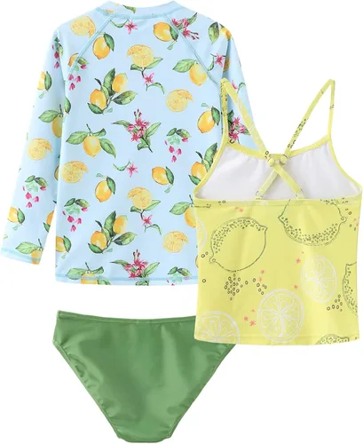 Vista 2 de Conjunto de traje de baño tankini de 3 piezas para niñas de manga larga para playa, de 3 a 16 años
