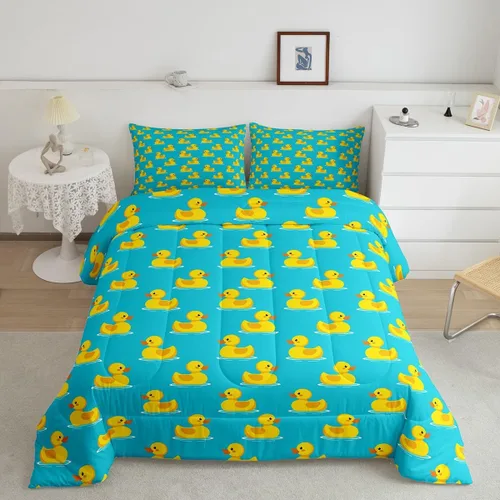Vista 29 de Erosebridal Juego de ropa de cama a cuadros azul para niños, juego de cama individual con diseño de patos amarillos de dibujos animados, juego