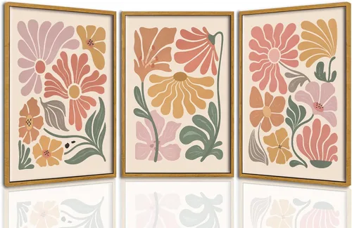 Vista 12 de TBKHUDBI Lienzo de flores bohemias para pared, impresiones florales abstractas, juego de 3 pósteres minimalistas de pintura botánica, mercado