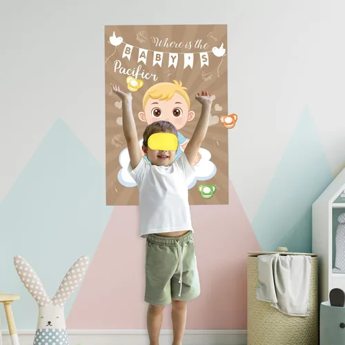 Vista 4 de Hxezoc Pin de juego para baby shower, con 72 calcomanías para chupete, póster grande de juegos de fiesta de bebé para niños, baby shower