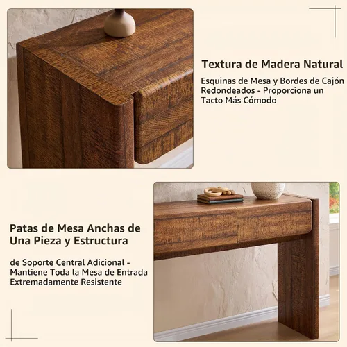 Vista 6 de OKD Mesa consola de 63 pulgadas con 3 cajones, mesa de entrada de granja con esquinas redondeadas, mesa consola detrás del sofá para sala de Roble