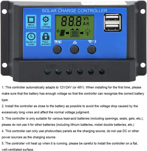 Vista 2 de Control de carga de batería Salida USB dual 12V/24V 30A Regulador inteligente Energía solar, controlador de panel solar con pantalla LCD, regulador