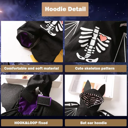 Vista 3 de SEIS Disfraz de murciélago para perro con alas, divertido disfraz de Halloween para mascotas, ropa de invierno para gatos, ropa de esqueleto