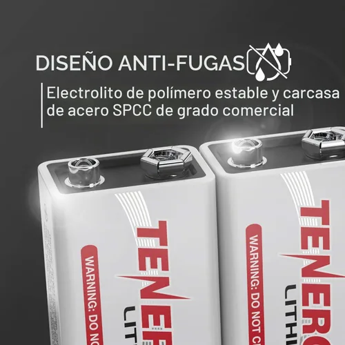 Vista 4 de Tenergy Baterías de litio de 9 V, baterías no recargables de 1200 mAh, 10 años de vida útil de litio de 9 voltios, paquete de 2