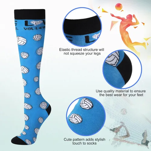 Vista 2 de Vicenpal 3 pares de calcetines altos de voleibol para mujer, novedosos calcetines deportivos divertidos hasta la rodilla, regalos para amantes