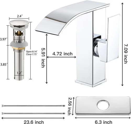Vista 5 de Grifo cromado de baño con una sola manija de 1 agujero, lavabo de lavabo cascada con desbordamiento, desbordamiento, desagüe emergente, montaje
