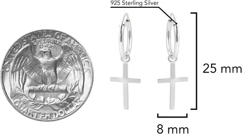Vista 4 de AeraVida Pendientes de aro de plata de ley con cruz religiosa esencial, Metal