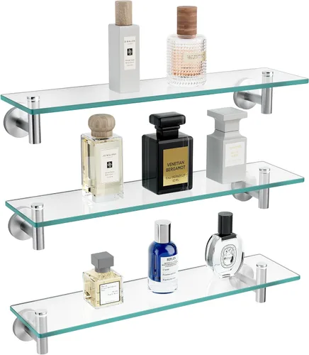Vista 11 de KES Estante de baño de vidrio con vidrio templado de 8 mm de grosor y soportes negros mate de acero inoxidable SUS 304 de 20 pulgadas, organizador