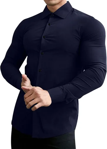 Vista 9 de Camisetas para hombre, estilo casual, con botones, de manga larga, color sólido, para vestir muscular, a la moda, para el trabajo, fitness, ropa