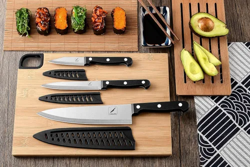 Vista 7 de COKUMA Cuchillo de cocina, juego de 3 cuchillos con funda, cuchillo de chef de 8 pulgadas, cuchillo utilitario de 4.5 pulgadas, cuchillo de chef