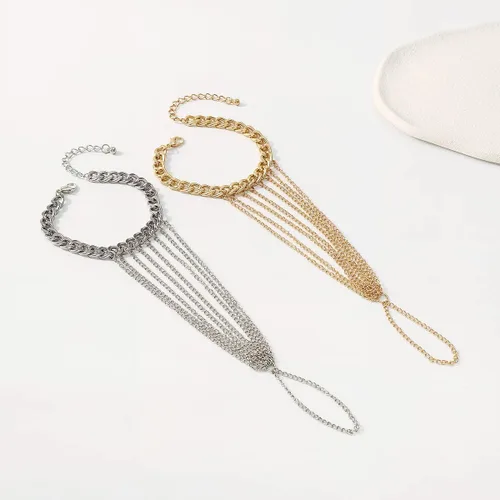 Vista 9 de Pulsera de anillo de cadena de mano esclava, pulsera de anillo de dedo de cadena bohemia con borlas para mujeres y niñas