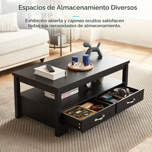 Vista 4 de LINSY HOME Mesa de centro de granja con almacenamiento, mesa de centro de madera para sala de estar, área de exhibición abierta y cajones