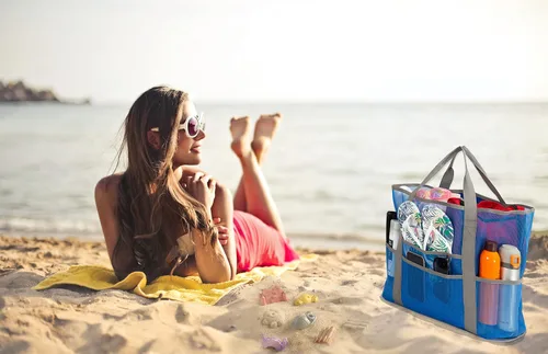 Vista 2 de Mesh Beach Bag, Extra Large Beach Bags with 9 Pockets & Zipper Waterproof Lightweight Beach Tote for BeachPool Trip