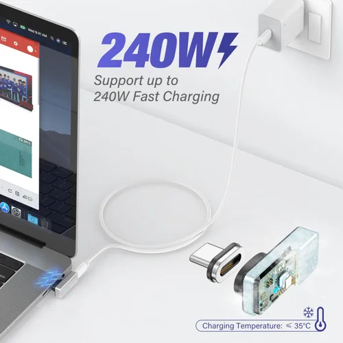 Vista 5 de Adaptador magnético USB C de 24 pines, conector tipo C compatible con carga rápida PD 240W, transferencia de datos USB 4.0 de 40 Gb/s y salida