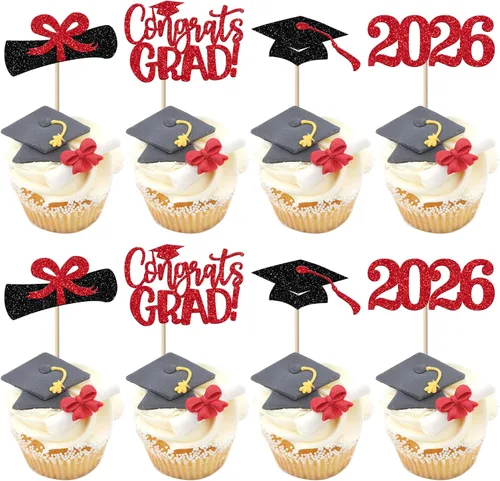Vista 21 de Paquete de 24 adornos de graduación 3D 2024 para cupcakes 2024 con borlas doradas para fiestas temáticas de graduación 2024, suministros