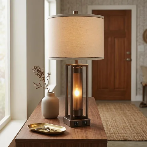 Vista 8 de Lámparas de mesa rústicas para sala de estar con puertos USB C+A, lámpara de mesita de noche vintage de granja con luz nocturna de acrílico ámbar