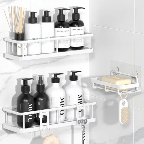 Vista 16 de YASONIC Organizador de ducha adhesivo, estantes de ducha a prueba de óxido para ducha interior, organizadores de baño de gran capacidad