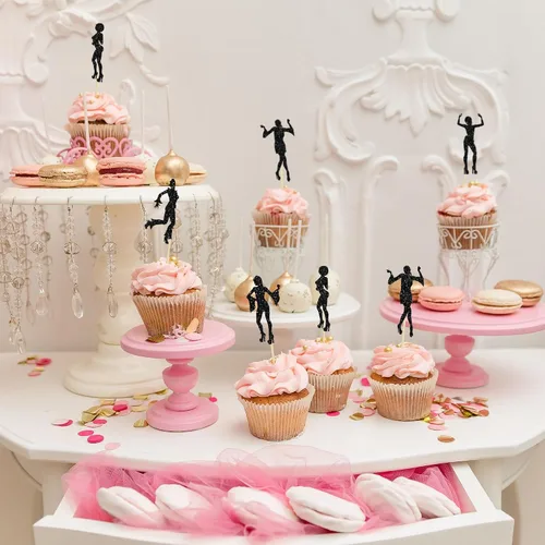 Vista 7 de 24 piezas de decoración de cupcakes de discoteca de los años 70 con purpurina negra, selecciones bailarinas de los 80 para decoración de pasteles