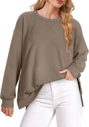 Vista 6 de WIHOLL Sudadera ligera de gran tamaño para mujer con cremallera lateral y cuello redondo suave, manga larga, moda 2024