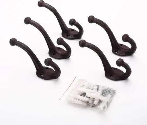 Vista 3 de Ambipolar Paquete de 5 ganchos de pared rústicos – Hierro fundido resistente de inspiración vintage negro antiguo para vestíbulo, abrigo, perchero
