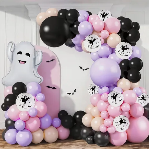 Vista 6 de Kit de guirnalda de arco de globos de Halloween rosa, globos de 18 pulgadas, 10 pulgadas, 5 pulgadas, negro, rosa, morado con globos de aluminio