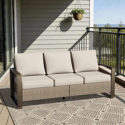 Vista 8 de Joyside - Sofá de mimbre para patio al aire libre, sofá de ratán de 3 plazas con cojines gruesos de olefina y reposabrazos rectangular con marco