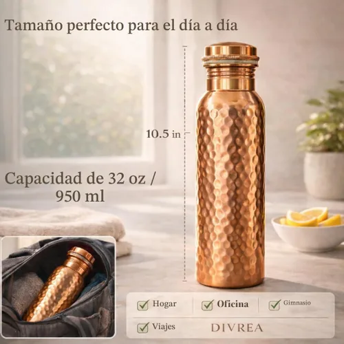 Vista 2 de Botella de agua de cobre 100% puro para beber, boca ancha de 34 Pure copper