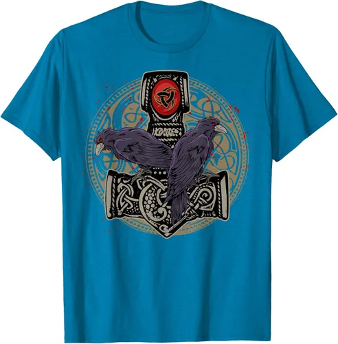 Vista 9 de Thors Hammer Mjolnir Huginn and Muninn Odin Raven - Camiseta, Negro, S