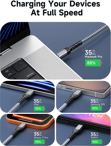 Vista 4 de JSAUX Cable USB C de 240 W de 6.6 pies, cable USB C tipo C de carga rápida para MacBook, iPad, Dell XPS, iPhone 17/iPhone Air/iPhone 17 Pro Max, Gris