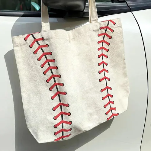 Vista 7 de Bolsa de béisbol para mujer, bolsa grande de lona de algodón de béisbol, reutilizable, bolsa de compras, playa, viaje, deporte, gimnasio, bolsa