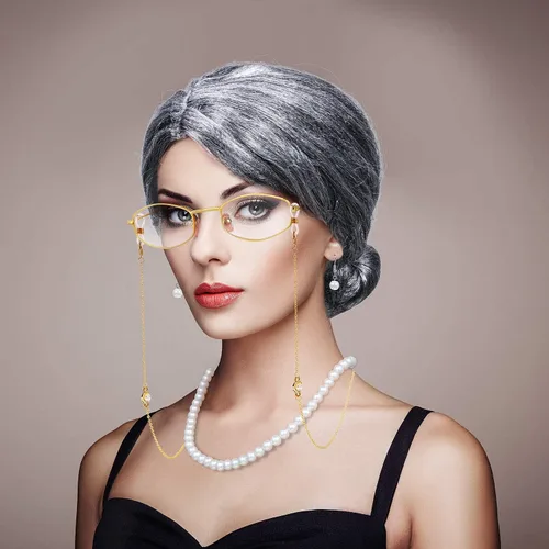 Vista 6 de Gejoy 7 Pcs Old Lady Wig Costume Set Grandma Hair Cap Glasses Chain Pearl Necklace for 100th Day of School Props Cosplay