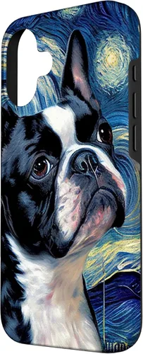 Vista 2 de iPhone 16 Boston Terrier in Starry Night Painting Dog Mom Dad Case