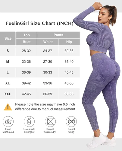 Vista 6 de FeelinGirl Conjuntos de entrenamiento para mujer, 2 piezas, manga larga, trajes de yoga, gimnasio, sin costuras, acanalados, cintura alta, leggings