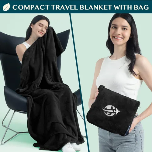 Vista 3 de PAVILIA Manta de viaje y almohada, manta de avión con apertura de brazos para adultos, manta compacta de avión con agujero para el brazo, bolsa 2