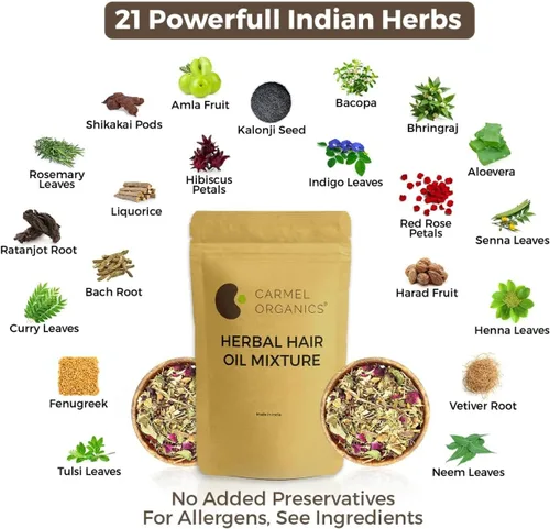 Vista 3 de CARMEL ORGANICS Mezcla de aceite para el cabello de hierbas 4 onzas 21 Herbs For Hair Growth, DIY Oil Infusion, Contains Bhringraj, Fenugreek