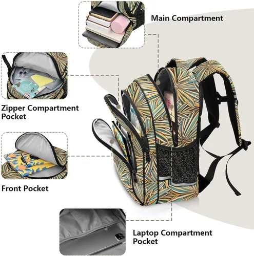 Vista 6 de Mochila escolar para adolescentes, bolsas escolares para adolescentes, niños, casual, paquete de día, elegante, hoja dorada, verde, bolso de trabajo