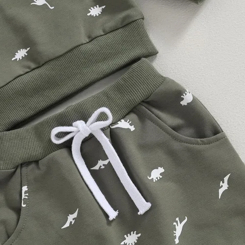 Vista 5 de Thorn Tree Conjunto de ropa de dinosaurio para niños pequeños, sudadera de cuello redondo, suéter de manga larga, pantalones de bolsillo sólido