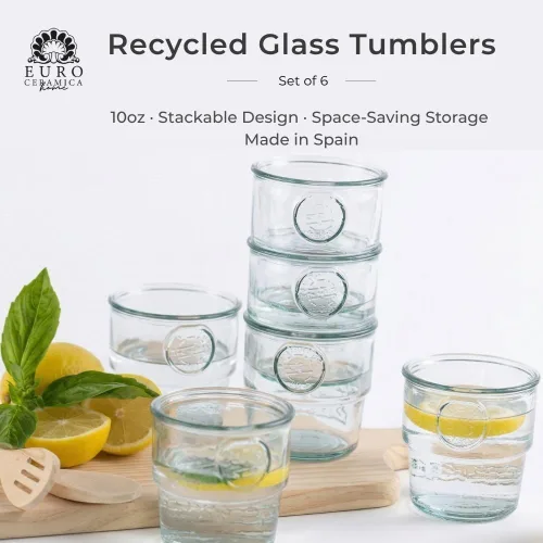 Vista 2 de Euro Ceramica Barra Collection - Vasos apilables de vidrio reciclado, vasos de 10 onzas, juego de 6