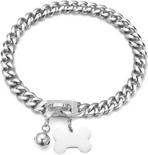 Vista 9 de Collar de cadena de perro resistente, de acero inoxidable con oro de 18 quilates, collar de ahorque, con hebilla de seguridad de diamantes