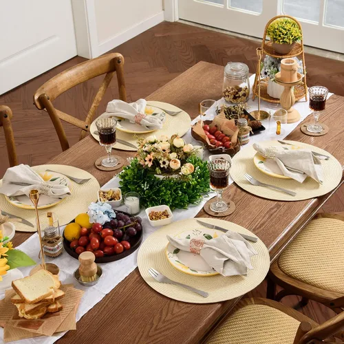 Vista 7 de AHHFSMEI Juego de 6 manteles individuales redondos trenzados de 15 pulgadas para mesas de comedor, tejido natural, resistentes al calor, color beige