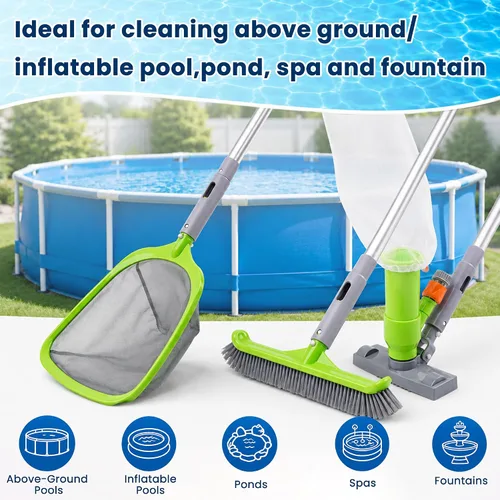 Vista 7 de Sepetrel Kit de limpieza de piscina de lujo con aspiradora de chorro, cepillo, red de skimmer semi-profunda y poste ajustable de 57.5 pulgadas