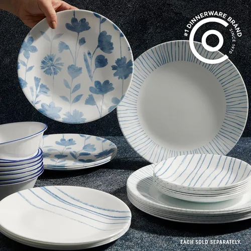 Vista 2 de Corelle 6 piezas de platos de vidrio Vitrelle de 8.5" para almuerzo, ligeros, resistentes a los arañazos - Rayas botánicas