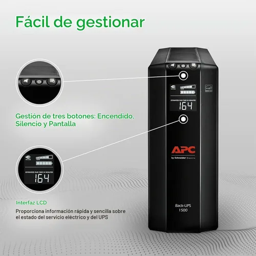 Vista 3 de APC UPS 1500VA/900W batería de reserva para PC, electrónica de oficina, BX1500M Back-UPS Pro UPS for home offices. 10 outlets, LCD, AVR, surge