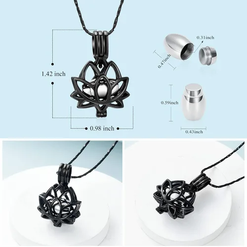 Vista 2 de Imrsanl Joyería de cremación para cenizas – Collar con colgante de cenizas de flor de loto con mini urna de recuerdo, joyería conmemorativa