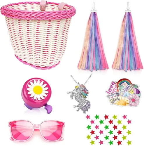 Vista 10 de Cesta de bicicleta para manillar para niñas con collar de unicornio, campana, serpentinas, cuentas de rueda, lentes de sol, calcomanías, juego