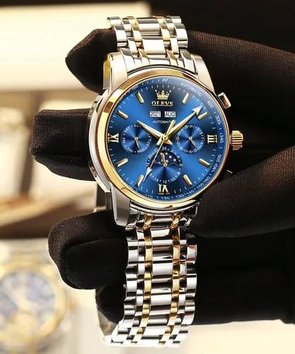 Vista 6 de OLEVS Watch Men Automatic Self Winding Watches for Men Stainless Steel Mechanical Diver Large Dial Skeleton Classic Waterproof Diamond Date Men's