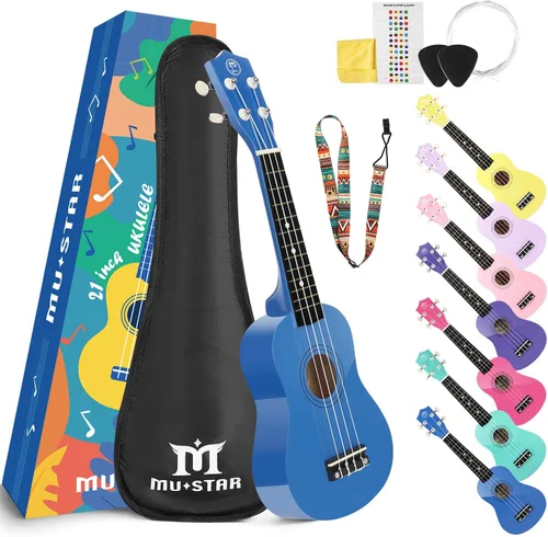 Vista 15 de Ukelele Soprano MUSTAR, Ukelele de Tilo de 21 Pulgadas para Principiantes, Kit de Ukeleles con Bolsa de Concierto, Correa, Púas, Paño, Adhesivo Azul