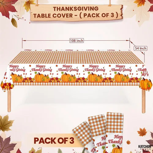 Vista 2 de KatchOn, Mantel grande de plástico de Acción de Gracias, 108 x 54 pulgadas, paquete de 3 Mantel desechable de otoño, rectangular, otoño, calabaza